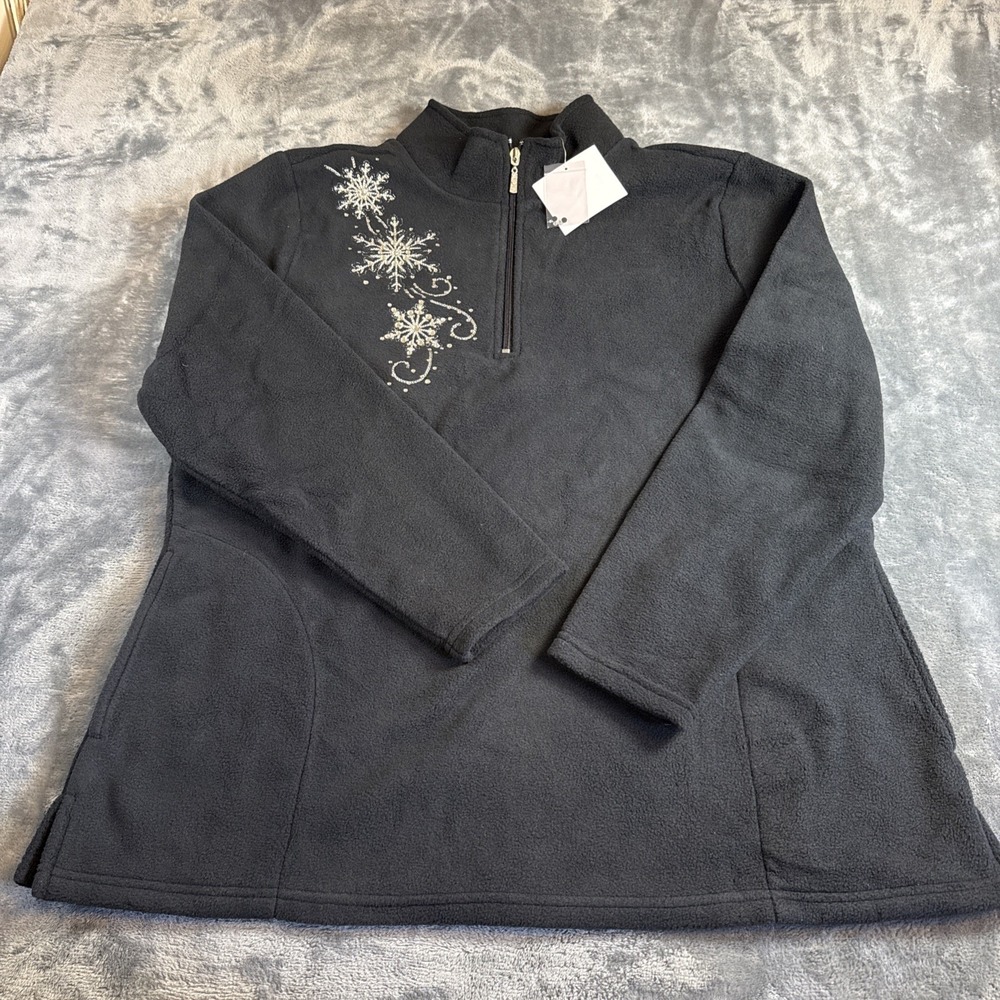Quacker Factory Black Fleece Pullover Crystal Snowflake Embellished Top L NWT